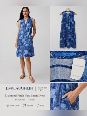 J. McLaughlin Nylee Sleeveless Linen Dress in Diamond Patch Blue Small NWT